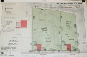 Plans for the Dr. Erica D. Geary Dog Park, which will be constructed at the intersection of First and North Virginia streets, are in display on the town hall.