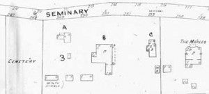 Three dwellings are shown on the McFarland Farm on this 1942 Sanborn Fire Map of Hampden-Sydney College. Gordon used dwelling A, the smallest of the three, built after 1915. Quillan occupied dwelling B, the Baskerville House. Dwelling C was built in 1941 for the newly weds, Marvin and Annie. You can see five other outbuildings on the farm. On one side is the Union PSCE Cemetery, and on the other is The Maples.