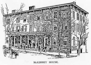 Woodcut (1890) of the Randolph House, renamed McKinney House to honor Farmville’s own Phillip W. McKinney (1832-1899) when he was elected governor. It is interesting to note that it was run by the governor’s brother, Robert J. McKinney (1838-1906). Another brother, Samuel B. McKinney (1833-1896), Farmville dry-goods merchant, was on the board of directors of the Farmville Coal & Iron Company. All three brothers are buried in Westview Cemetery. 