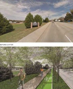 A conceptual rendering below shows South Main Street from the Moton Museum to downtown Farmville being reduced to two lanes with a turning lane, complemented by sidewalk improvements, biking paths and vegetative barriers. Photo at above shows same area today. (Photo provided by Longwood University)