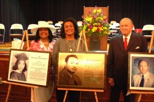 The Prince Edward County School Board ceremonially dedicated the Barbara Rose Johns Auditorium, the L. Francis Griffin Sr. Gymnasium and the Dr. James M. Anderson Jr. Board Room in September. Pictured are, from left, Joan Johns Cobbs, Naja Griffin-Johnson and Dr. Anderson. Jordan Miles - Herald