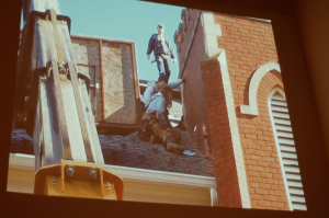 The first phase of the church renovation project was to replace the slate roof — no easy task when working on a slippery slate surface three stories above the sidewalk below.