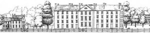 A sketch by Deborah McClintock shows the heart of the Hampden-Sydney campus in the 1850s. Cushing Hall, where the murder took place, is the large four-story building. The fence kept cattle from joining students on the way to class.