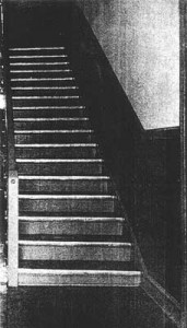 Charles Edie was struck down at the foot of these stairs in Cushing Hall. Classmates carried his dying body up the stairs to the second floor where he succumbed.