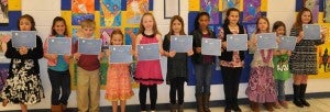 Cumberland Elementary School art contest winners recognized at the March School Boardwere, from left, Alecia Meadows, Sandra Atwell, Harland Patterson, Hannah Haislip, Samantha Price, Abigail Winslow, Tamilyah Harris, Ayla Finnegan, Hannah “Bean” Layne, Cheyenne Naylor and Brianna Barker.