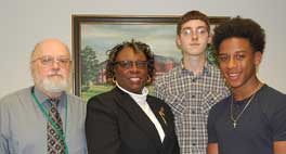 Students from Buckingham High School will attend the 74th Session of Virginia Boys State at Radford University in Radford from June 19-25. Every year Buckingham High School sends a student from the junior class to the American Legion Boys State program. The program will include sessions with an emphasis on activities such as court proceedings, law enforcement presentations, legislative sessions, assemblies and bands. Sponsorships were provided by the Buckingham Ruritan Club and the high school. The Boys State program is sponsored by the American Legion. Pictured are, from left, High School Principal Rudolph Roethel, Donna McRae-Jones, representing the Buckingham Ruritan Club, Jeff Wise, Boys State representative, and Jarvis Bowles, Boys State representative. (Photo by Italia Gregory)