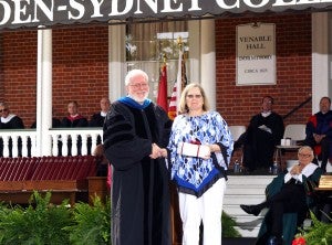 The Algernon Sydney Sullivan Medallion, given to one who is conspicuously helpful to and associated with the institution in its effort to encourage and preserve a high standard of morals, was awarded to Mrs. Eunice Ward Carwile ’92. With Carwile is interim President Dr. Dennis Stevens. 