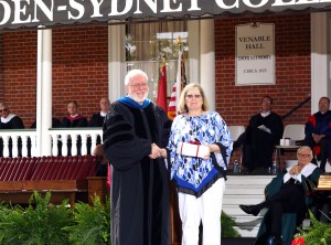 The Algernon Sydney Sullivan Medallion, given to one who is conspicuously helpful to and associated with the institution in its effort to encourage and preserve a high standard of morals, was awarded to Mrs. Eunice Ward Carwile ’92. With Carwile is interim President Dr. Dennis Stevens.