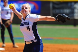 Longwood University freshman Sydney Gay pitches against Campbell University on Saturday, helping spearhead the Lancers' 10-0 win in the Big South Conference softball tournament championship game at Terry Field in Rock Hill, S. C.