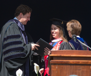 Taylor Ann Liptak, middle, was a co-winner of the Sally Barksdale Hargrett Prize for Academic Excellence (highest GPA). Pictured are Reveley, left, and Provost Dr. Joan Neff, right. Not pictured is Monica Vroomen, a co-winner of the prize.