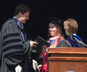 Taylor Ann Liptak, middle, was a co-winner of the Sally Barksdale Hargrett Prize for Academic Excellence (highest GPA). Pictured are Reveley, left, and Provost Dr. Joan Neff, right. Not pictured is Monica Vroomen, a co-winner of the prize.  