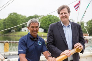 LONGWOOD UNIVERSITY  Longwood President W. Taylor Reveley IV, right, stands with Hokule’a Captain Kalepa Baybayan Pwo. 