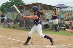 PEFYA Debs batter Jordyn Harris swings against Amherst on Saturday afternoon during the Dixie Softball Debs State Tournament in Kenbridge. (Photo by Titus Mohler)