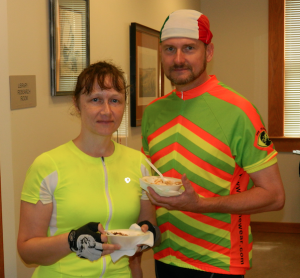 TITUS MOHLER | HERALD  Kristie Knox, left, and Franklin Knox, of Nelson County, have some refreshments after their bike ride to the visitor center from Farmville. 