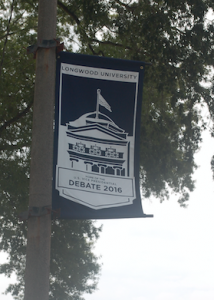 JORDAN MILES | HERALD Newly installed banners along High Street celebrate the upcoming vice presidential debate.