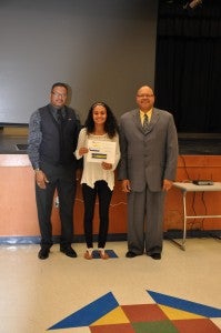 Jada Harris received the first ever Carla Urquhart Memorial Scholarship in the amount of $1,000. Jada will be graduating this month with a 4.36 GPA. She would like to get a degree in architecture from either the University of Kentucky or Clemson University. While in college, she plans to study abroad, where she can help less fortunate individuals by providing them with designs for schools, businesses and, most importantly, housing they so desperately need. Bruce Robinson represented the scholarship on behalf of Carla’s mother, Hazel Urquhart. Pictured from left, Bruce Robinson, Jada Harris and Jeff Scales. 