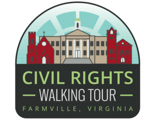 The Civil Rights Walking Tour logo promotes the Prince Edward County Courthouse and downtown churches.