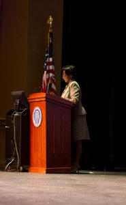 CARSON REEHER | HERALD  Dr. Dietra Trent, secretary of education for the Commonwealth of Virginia, speaks to southside students during the student citizenship summit, encouraging the middle and high school students to become involved in the political process.  