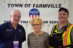 On debate day, Farmville Town Manager Gerald Spates and his wife Linda were at the Fireman’s Sports Arena to assist K. C. Sehlhorst, right, with the Central Virginia All Hazards Incident Management Team. Sehlhorst was in charge of logistics for the debate team of law enforcement and public safety personnel.