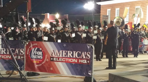 The Prince Edward County marching band performs on the FOX News Channel early Tuesday morning at Longwood University.