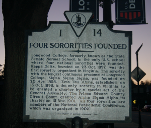 MARTIN L. CAHN | HERALD One of many historical markers in the region, this one in front of Longwood’s Ruffner Hall accounts the founding of four sororities at what would become Longwood University, starting in 1897. The four sororities — Kappa Delta, Sigma Sigma Sigma, Zeta Tau Alpha and Alpha Sigma Alpha — all became members of the National Panhellenic Council, which formed in 1902.