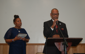 Farmville Vice Mayor Armstead D. “Chuckie” Reid speaks after accepting his 2016 “Continuing the Legacy” award from the NAACP’s Prince Edward County Branch on Saturday as Wendy Lyle-Jones looks on.