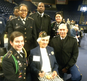 Several CHS cadets and their instructors got to meet World War II veterans while attending the program. Among them were, from left, front, Cadet Brittny Price, WWII veteran Violet Parker, JROTC Senior Instructor Col. William Carter; back, Cadet Caylor Scales, JROTC Instructor CSM Dwayne Tigs and Cadet Mackenzy Thompson.