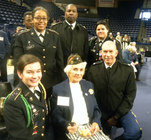 Several CHS cadets and their instructors got to meet World War II veterans while attending the program. Among them were, from left, front, Cadet Brittny Price, WWII veteran Violet Parker, JROTC Senior Instructor Col. William Carter; back, Cadet Caylor Scales, JROTC Instructor CSM Dwayne Tigs and Cadet Mackenzy Thompson. 