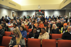 JORDAN MILES | HERALD There was standing room only during the hearing, where over 90 people signed up to speak regarding issuance of a permit for a compressor station in Buckingham.
